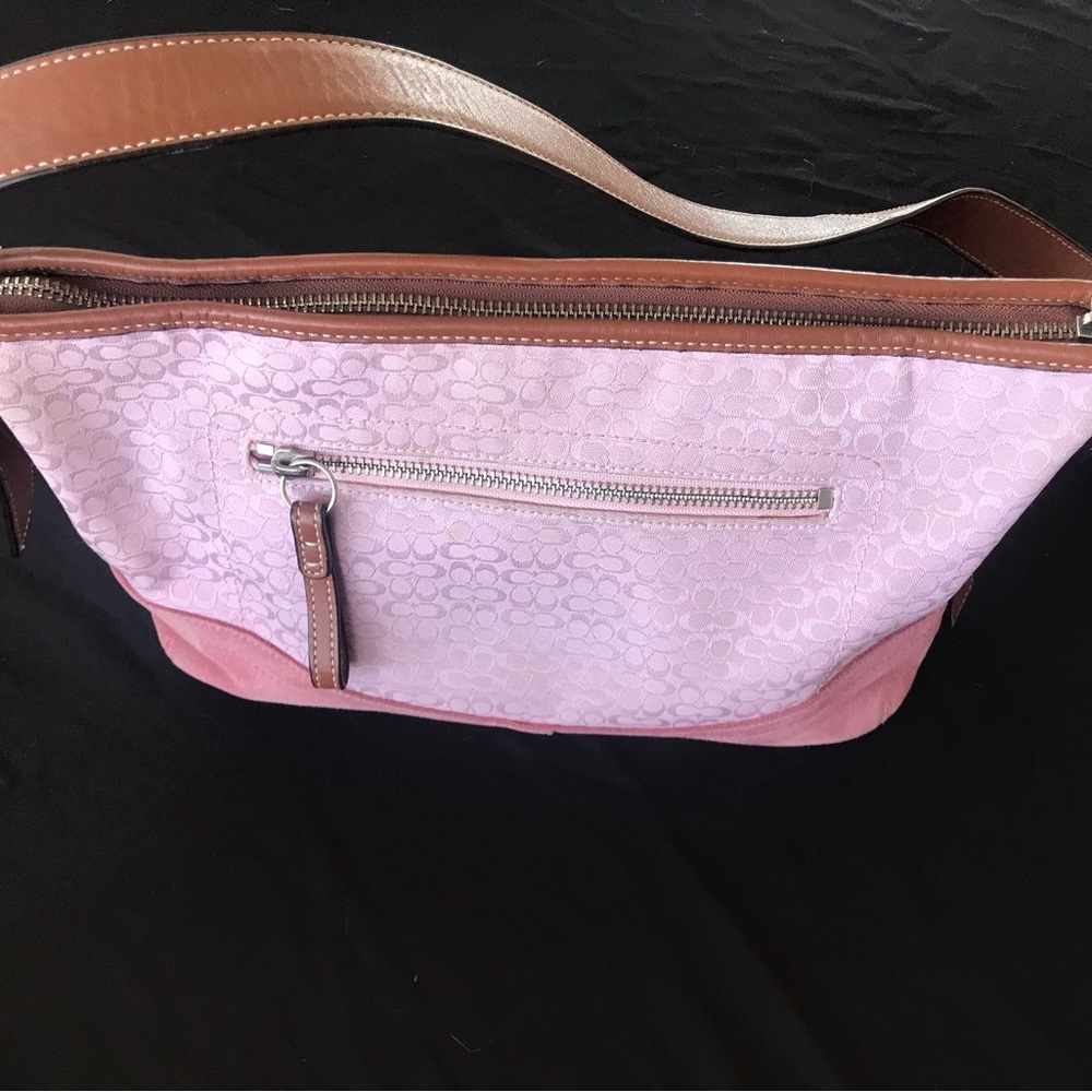 Coach J0732-F10945 pink signature monogram jacquard/suede handbag